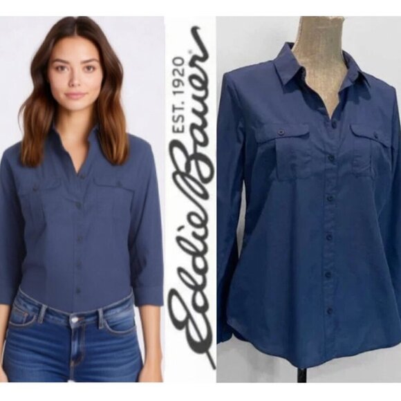 Nwot Eddie Bauer Blue Lightweight Button Down Shirt Medium - Picture 1 of 16